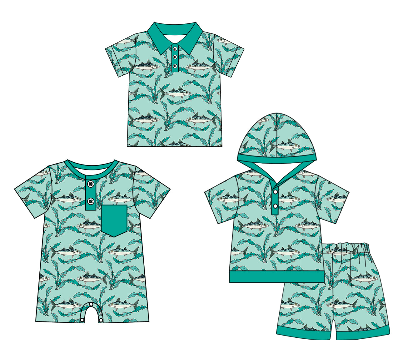 11.27 custom each style moq 5eta 4-6week Sibling Sister fishing baby boy short sleeve shorts sets and boy romper and top match design