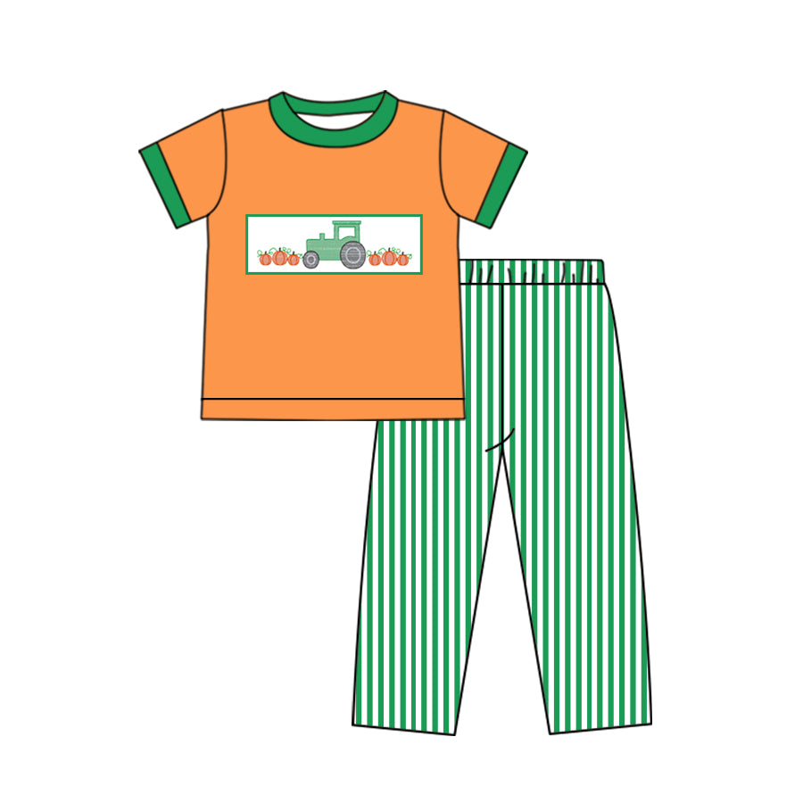 5.18custom each style moq 5eta 4-5week Sibling Sister Country style agricultural vehicle print green stripe stripe girls and boys outfits and baby romper match family design