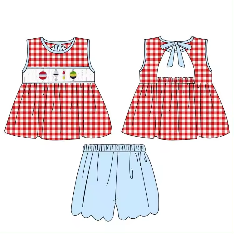 5.21custom each style moq 5eta 4-5week Sibling Sister Fishing series print red plaid blue girls and boys outfits and baby romper match family design