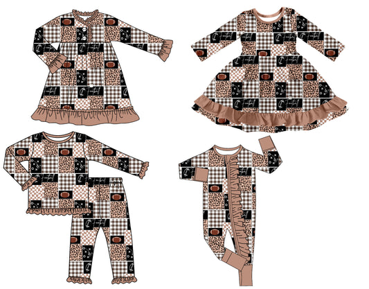 25.8.13 custom each style moq 5 eta 4-6week Sibling Sisters rugby baby girl long sleeve pants sets and romper and dress 1 and dress 2 match family design