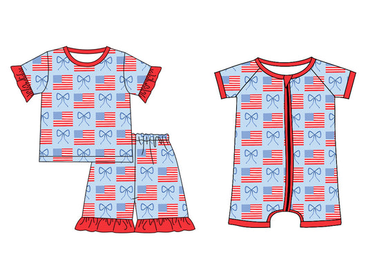 3.18 custom each style moq 5eta 4-6week Sibling Sister bow flag baby girl boy short sleeve shorts sets and romper match design