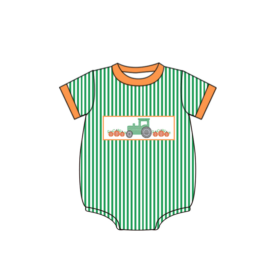5.18custom each style moq 5eta 4-5week Sibling Sister Country style agricultural vehicle print green stripe stripe girls and boys outfits and baby romper match family design