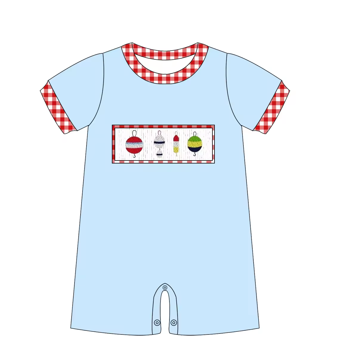 5.21custom each style moq 5eta 4-5week Sibling Sister Fishing series print red plaid blue girls and boys outfits and baby romper match family design