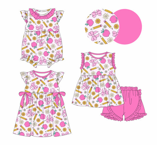 12.31 custom each style moq 5eta 4-6week Sibling Sistes pencil bow floral baby girl short sleeve shorts sets and dress and rompers match family design