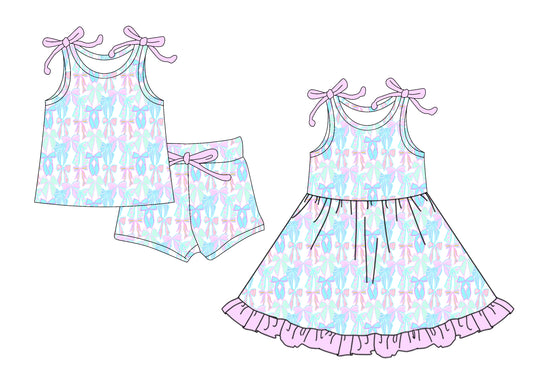 4.24 custom each style moq 5eta 4-6week Sibling Sister bow baby girl short sleeve shorts sets and dresses match design