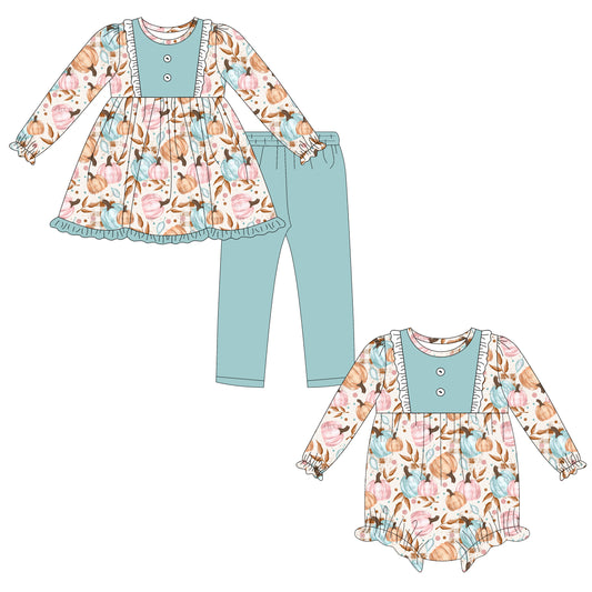 25.6.19 custom each style moq 5eta 4-6week Sibling Sisters pumpkin baby girl long sleeve pants sets and rompers match family design