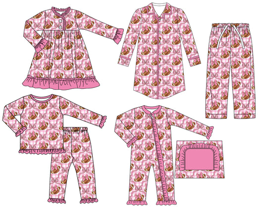25.6.23 custom each style moq 5eta 4-6week Sibling Sisters rugby bow baby girl long sleeve pants sets and adult top and adult pants and romper and dress match family design