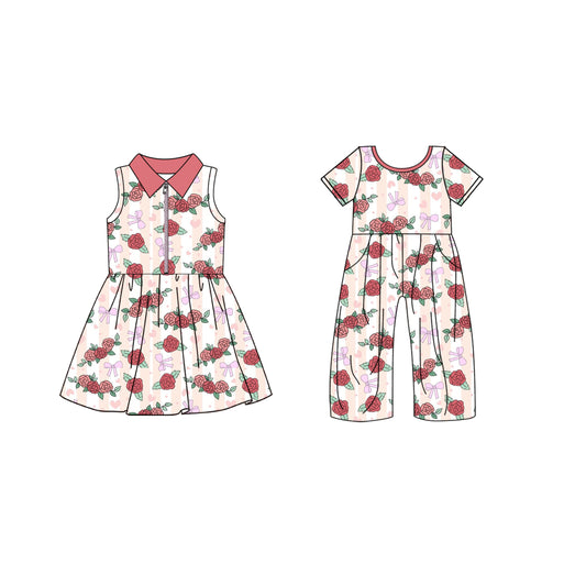 4.19 custom each style moq 5eta 4-6week Sibling Sister floral bow baby girl short sleeve yoga dresses and jumpsuit match design