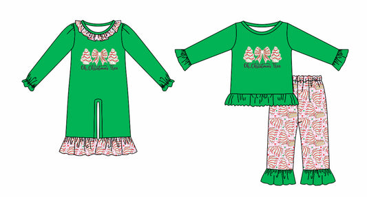 25.5.25 custom each style moq 5eta 4-6week Sibling Sisters Christmas trees green baby girl long sleeve pants sets and rompers match family design