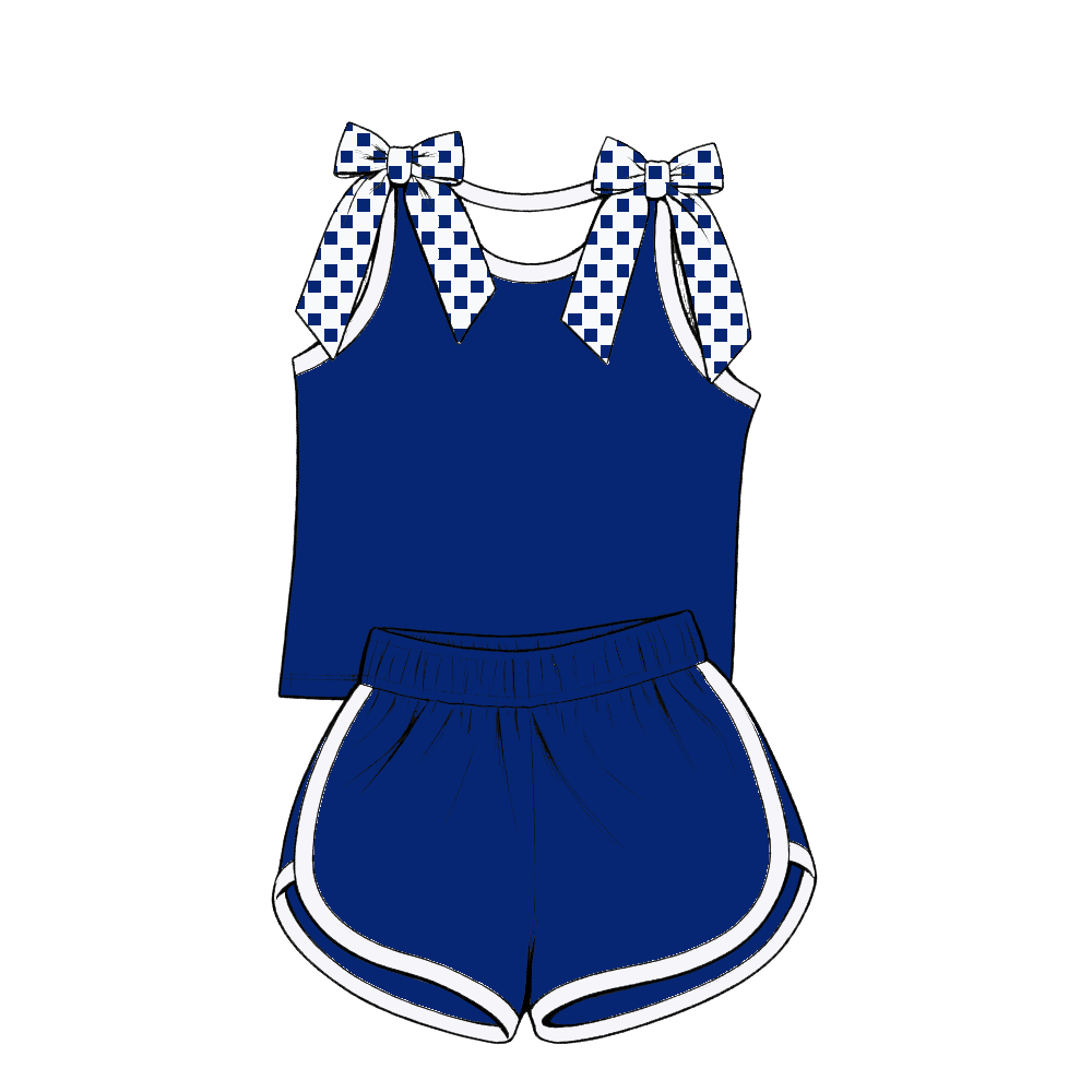 custom moq 5 mix size Baby Girls Blue Bow Sleeveless Top Shorts Summer Casual Clothes Set