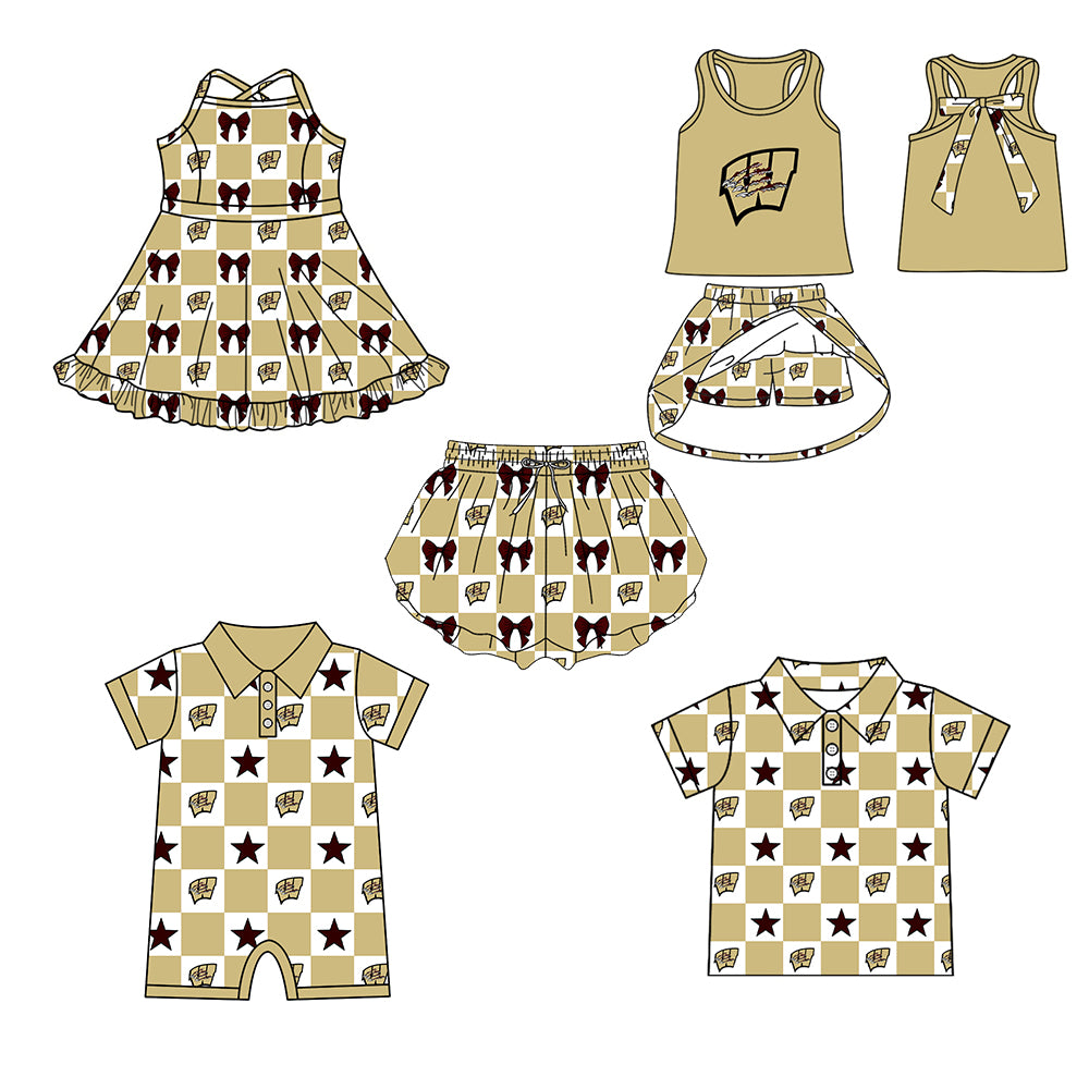 Custom moq 5 mix size milk silk summer teams Baby Girl Light khaki Sleeveless Top Skirts Set Dress And Shorts Yoga Outfit Boy's Short-Sleeved Polo Shirt And Romper