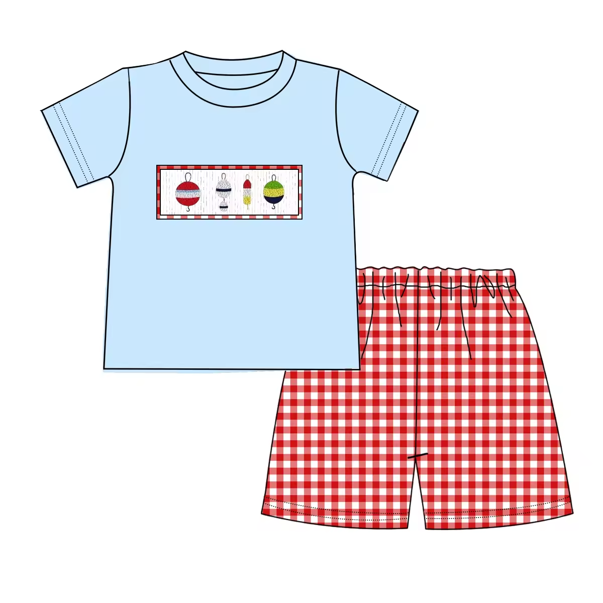 5.21custom each style moq 5eta 4-5week Sibling Sister Fishing series print red plaid blue girls and boys outfits and baby romper match family design