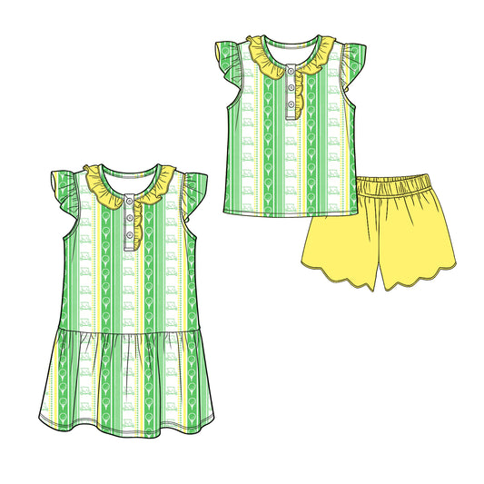 3.13 Custom moq 5 mix size Sibling Baby Girl's Top with Flying Sleeves And Yellow Shorts Set Dress with Flying Sleeves