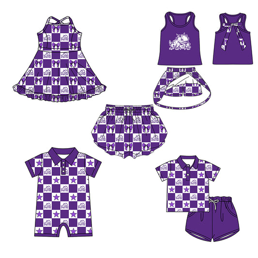 Custom moq 5 mix size milk silk summer teams Checked Bows Baby Girl Purple Sleeveless Top Skirt Short Set Dress And Shorts Yoga Outfit Boy's Top Shorts Set Romper