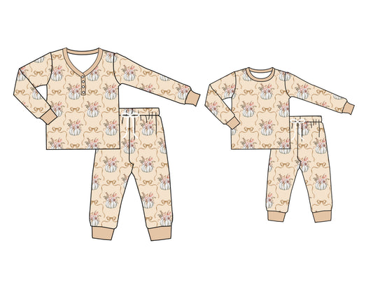 25.6.20 custom each style moq 5eta 4-6week Sibling Sister pumpkin bow long sleeve pants sets and adult sets match design