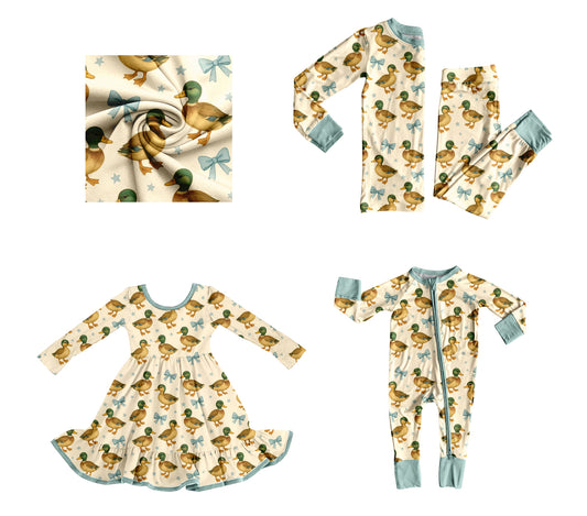 25.8.5 custom each style moq 5eta 4-6week Sibling Sisters duck bow baby girl long sleeve pants sets and dress and rompers match family design