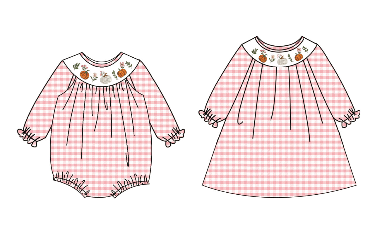 25.5.14 custom each style moq 5eta 4-6week Sibling Sisters pumpkin floral baby girl long sleeve dress and rompers match family design
