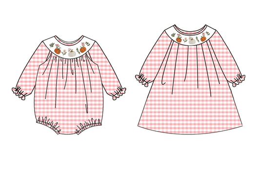 25.5.14 custom each style moq 5eta 4-6week Sibling Sisters pumpkin floral baby girl long sleeve dress and rompers match family design