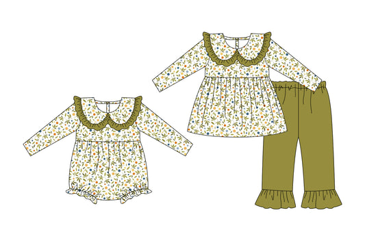 25.5.15 custom each style moq 5eta 4-6week Sibling Sisters floral baby girl long sleeve pants sets and rompers match family design