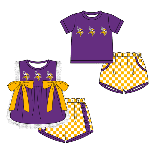 Custom moq 5 mix size milk silk summer teams Purple Girl Sleeveless Top And Plaid Shorts Set with Bow Boy Short Sleeved Top And Plaid Shorts Set