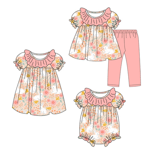 25.9.26 custom each style moq 8 eta 6-8week Sibling Sisters bunny floral baby girl short sleeve pants sets and dress and rompers match family design