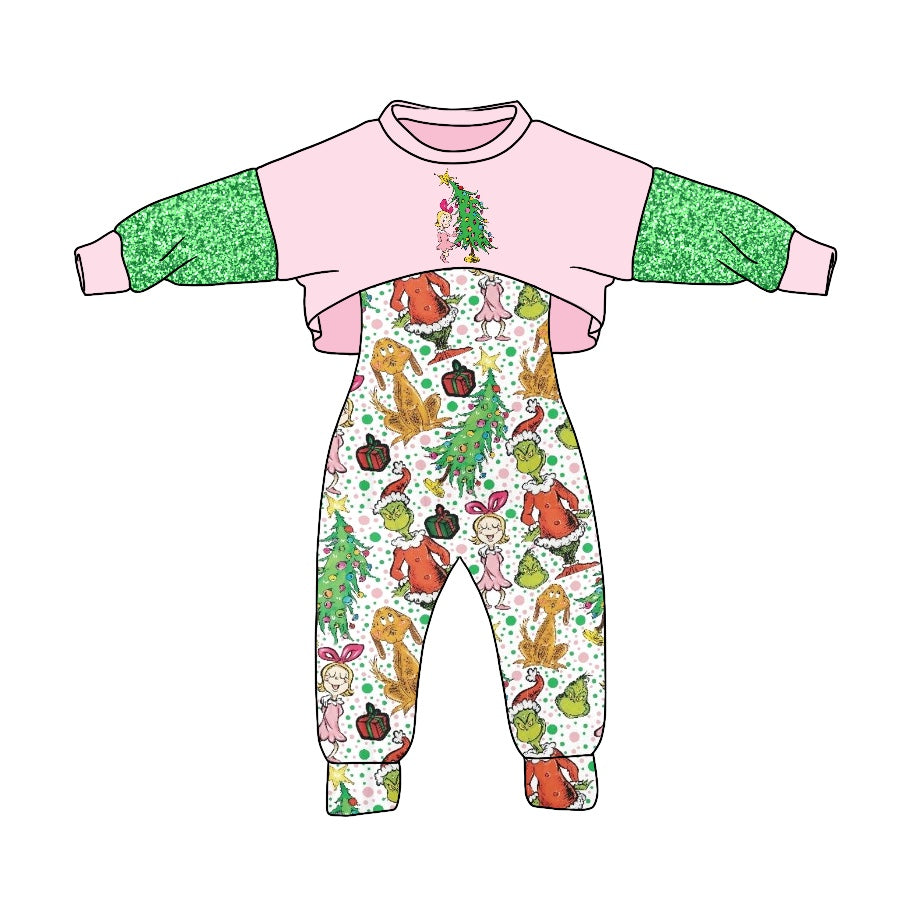 5.16custom each style moq 5eta 4-5week Sibling Sister Christmas style animated character print pink and green boys outfits and baby romper match family design