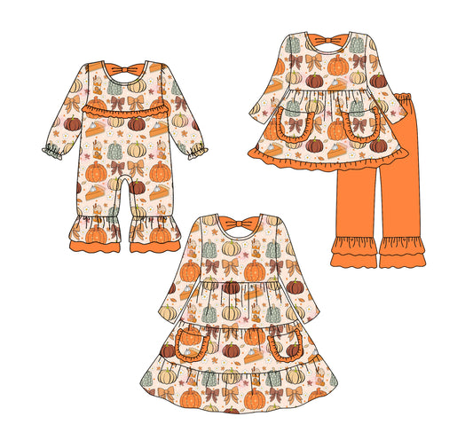 25.6.17 custom each style moq 5eta 4-6week Sibling Sisters pumpkin baby girl long sleeve pants sets and dress and rompers match family design