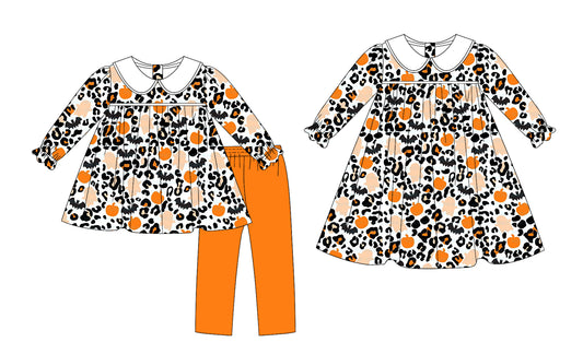25.7.11 custom each style moq 5eta 4-6week Sibling Sisters leopard pumpkin baby girl long sleeve pants sets and dress match family design