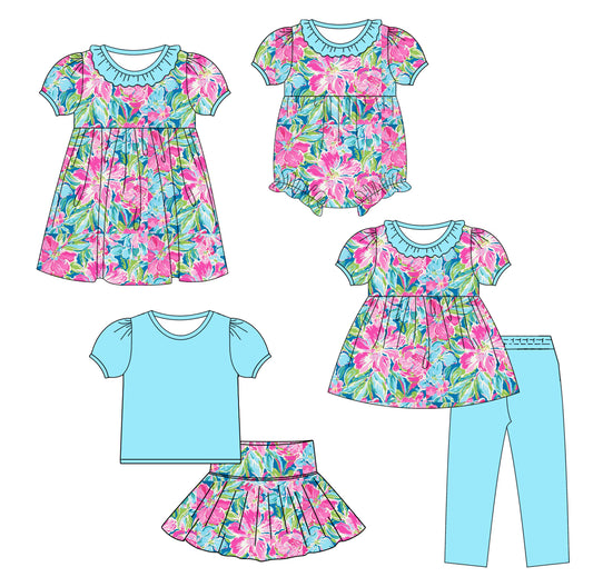 25.9.23 custom each style moq 8 eta 6-8week Sibling Sisters floral baby girl short sleeve pants sets and skirts sets and dress and rompers match family design