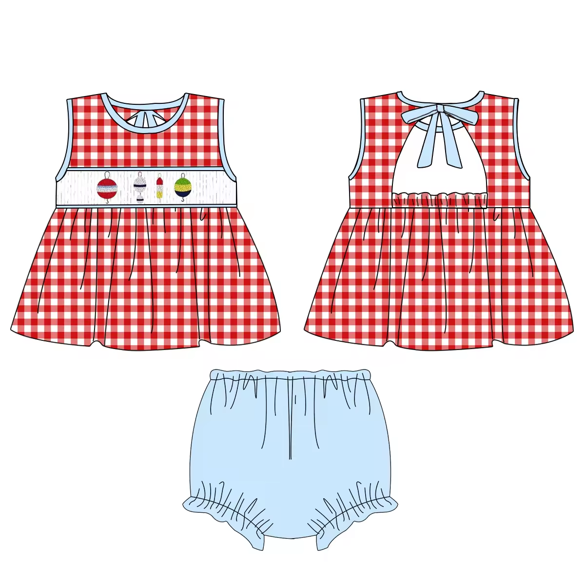 5.21custom each style moq 5eta 4-5week Sibling Sister Fishing series print red plaid blue girls and boys outfits and baby romper match family design