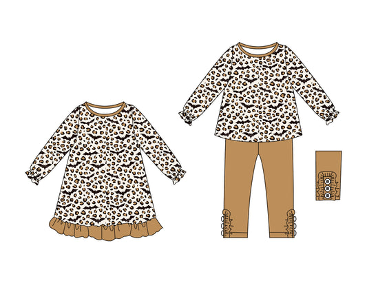 25.6.7 custom each style moq 5eta 4-6week Sibling Sisters bat leopard baby girl long sleeve pants sets and dress match family design