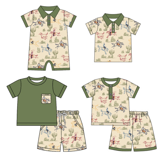 4.21 custom each style moq 5eta 4-6week Sibling Sister riding horse catcus baby boy sets 1 and sets 2 and boy rompers and top match family design