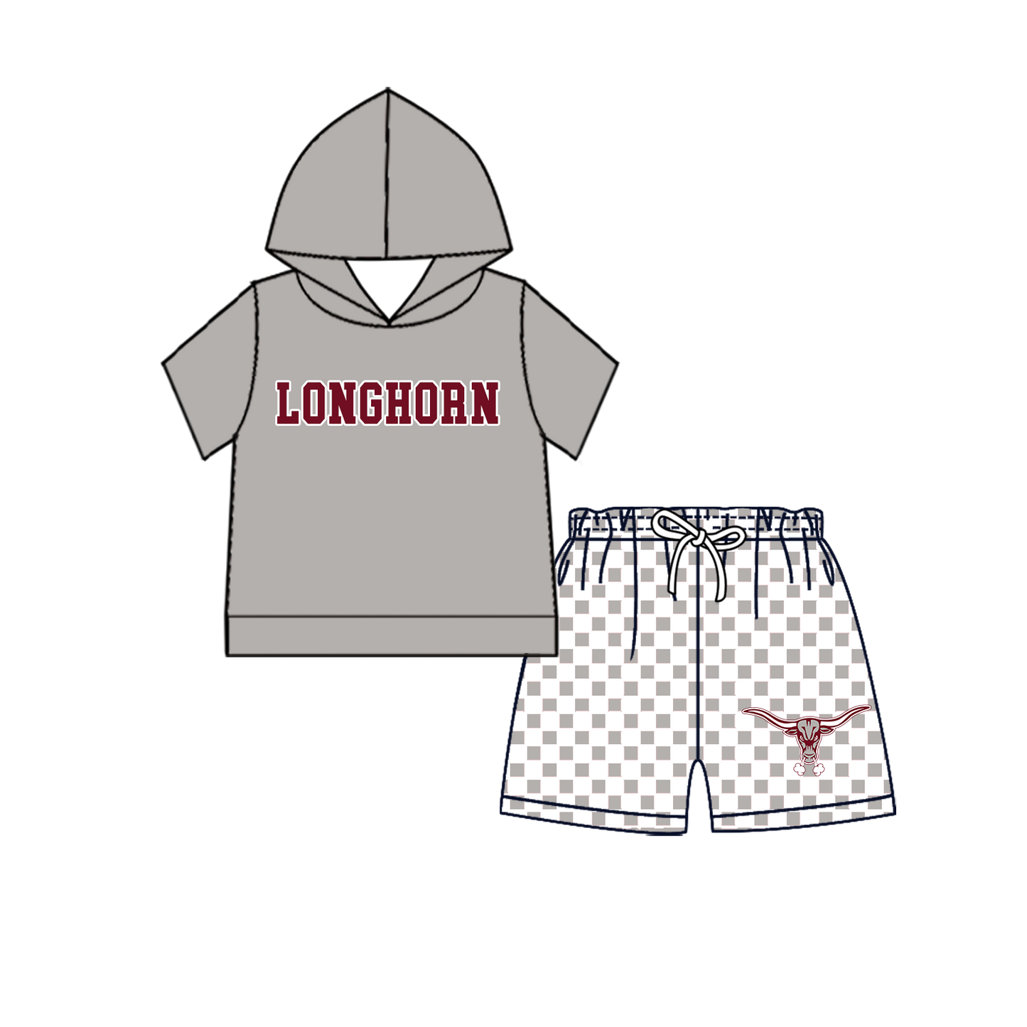 custom moq 5 mix size MSD071006 Baby Kids Short Sleeve Hooded Top Checked Elastic Waist Shorts Team Clothes Set