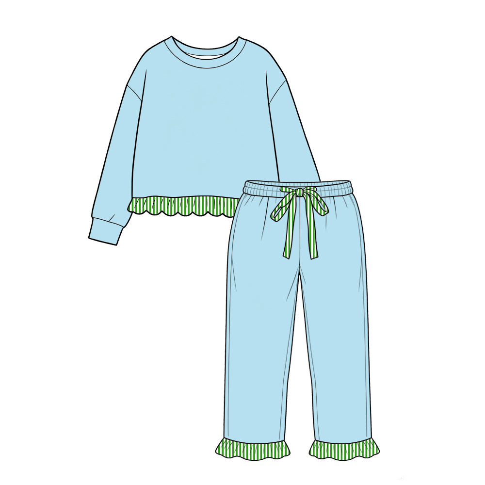 custom moq 5 mix size Baby Girls Light Blue Long Sleeve Top With Green Striped Ruffle Hem Jogger Pants Casual Outfit