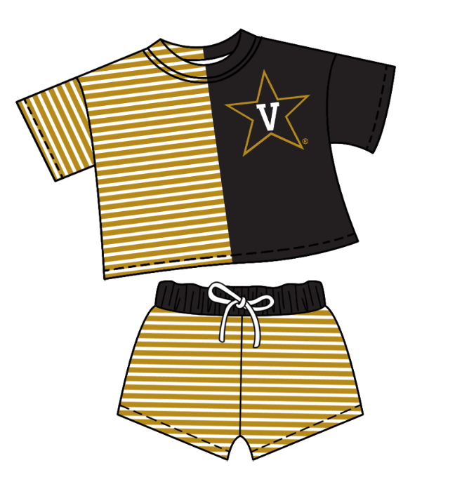 Custom moq 5 mix size milk silk summer teams Children's black Striped Outfit Set Short-Sleeved Crew Neck Top And Drawstring Shorts for Kids