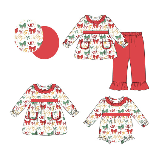 25.8.2 custom each style moq 5eta 4-6week Sibling Sisters Christmas bow baby girl long sleeve pants sets and dress and rompers match family design