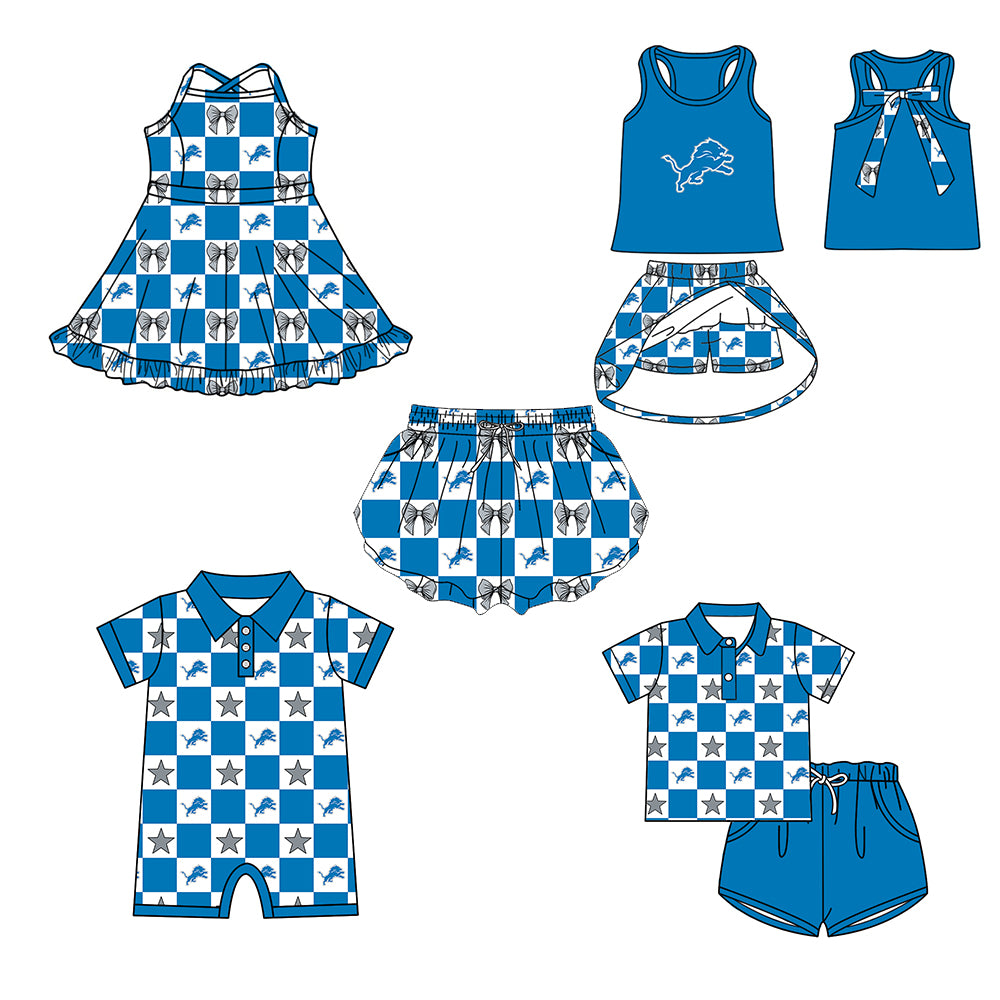 Custom moq 5 mix size milk silk summer teams Blue Checked Baby Girl Sleeveless Top Skirt Short Set Dress And Shorts Yoga Outfit Boy's Top Shorts Set Romper