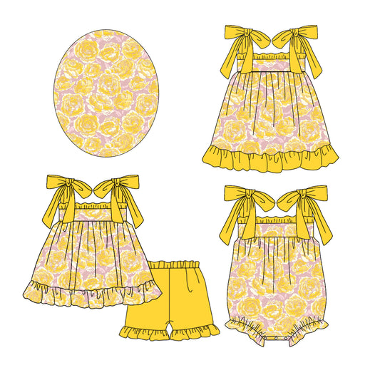 3.26 custom each style moq 5eta 4-6week Sibling Sisters floral yellow baby girl short sleeve shorts sets and dress and rompers match family design