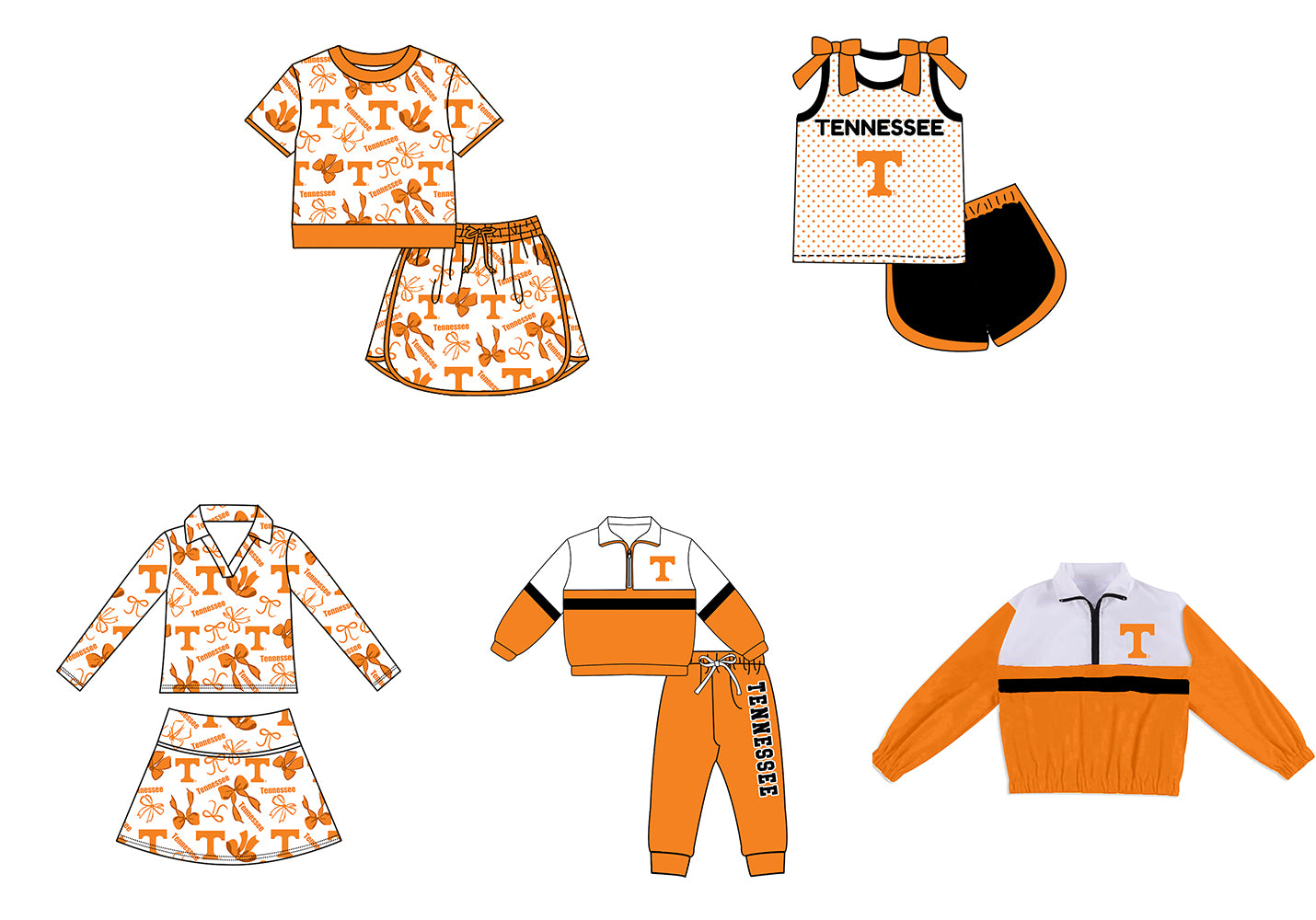 Custom moq 5 mix size summer teams Girls Polka Dot Top Shorts Set Orange Bows Top Skirt Short Set Zipper Pullover Pants Set