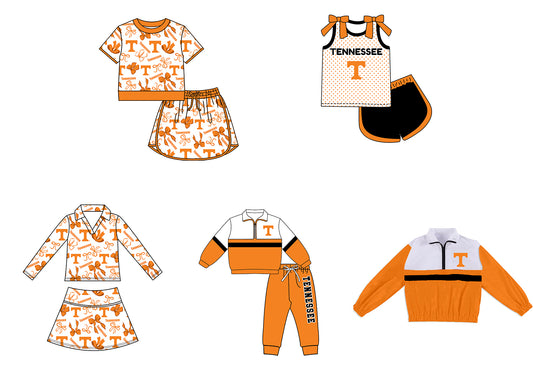 Custom moq 5 mix size summer teams Girls Polka Dot Top Shorts Set Orange Bows Top Skirt Short Set Zipper Pullover Pants Set