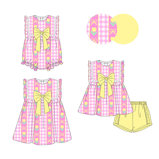 4.2 custom each style moq 5eta 4-6week Sibling Sisters bow floral baby girl short sleeve shorts sets and dress and rompers match family design