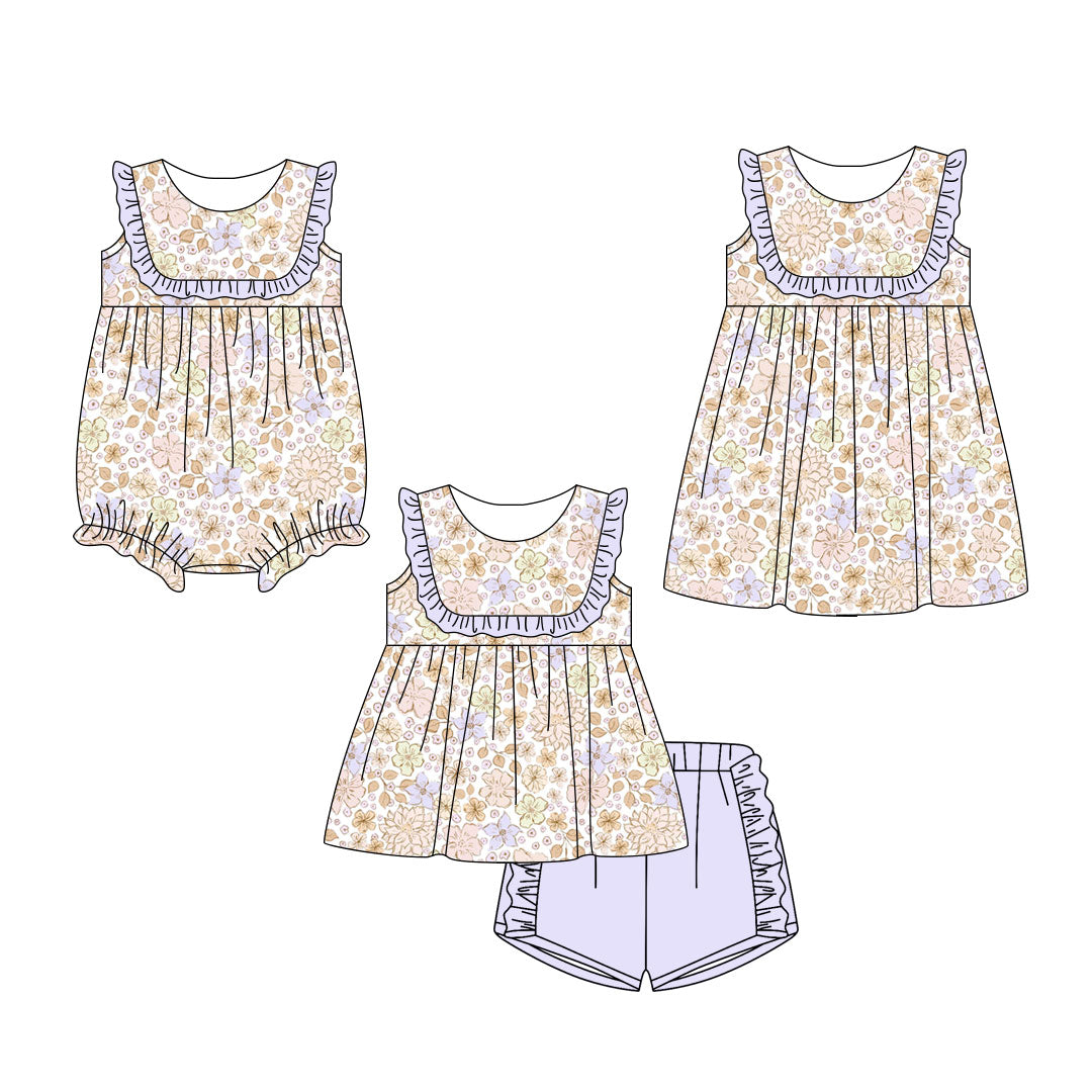 3.5 Custom moq 5 mix size Sibling Baby Girl's Flowers Sleeveless Top And Purple Short Set Cute Romper Dress for Summer