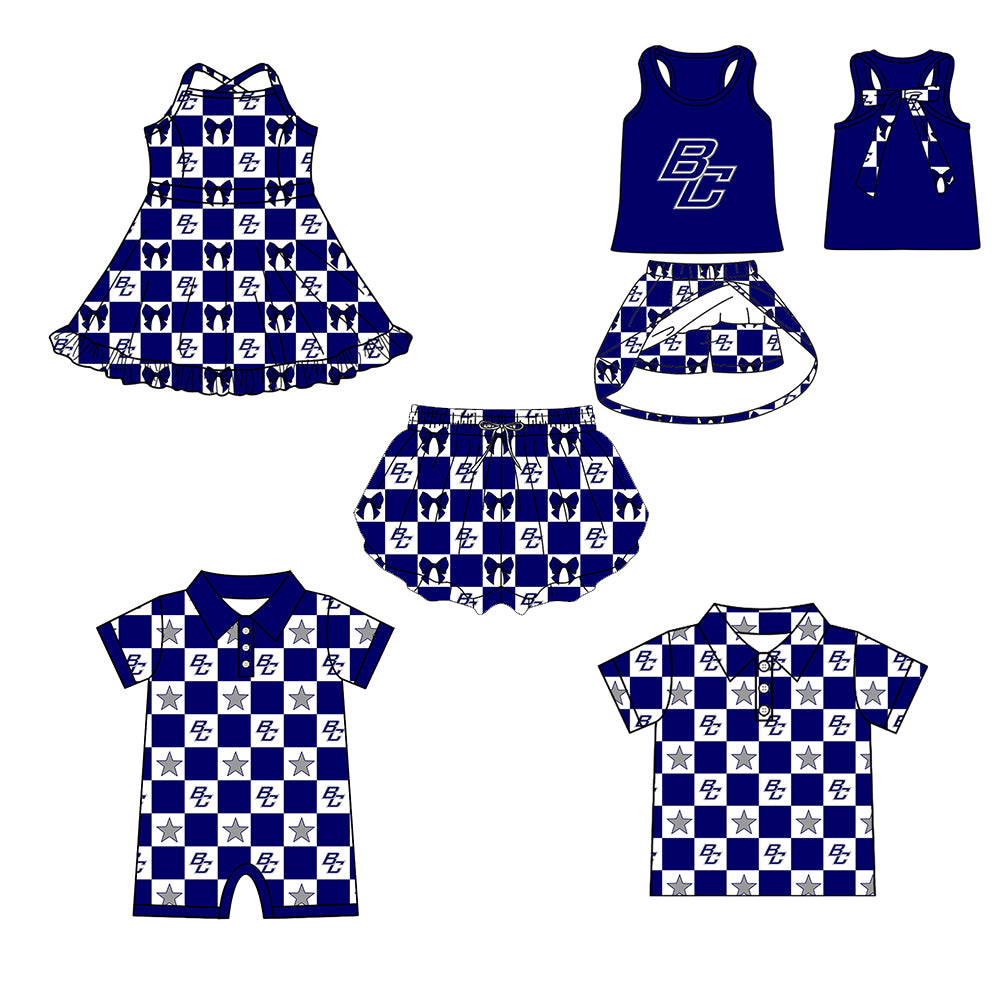 Custom moq 5 mix size milk silk summer teams Baby Girl Navy Blue Sleeveless Top Skirts Set Dress And Shorts Yoga Checked Outfit Boy's Checked Short-Sleeved Polo Shirt And Romper