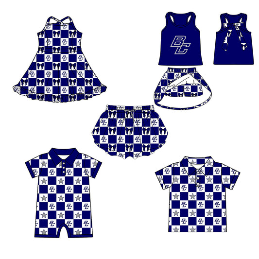 Custom moq 5 mix size milk silk summer teams Baby Girl Navy Blue Sleeveless Top Skirts Set Dress And Shorts Yoga Checked Outfit Boy's Checked Short-Sleeved Polo Shirt And Romper