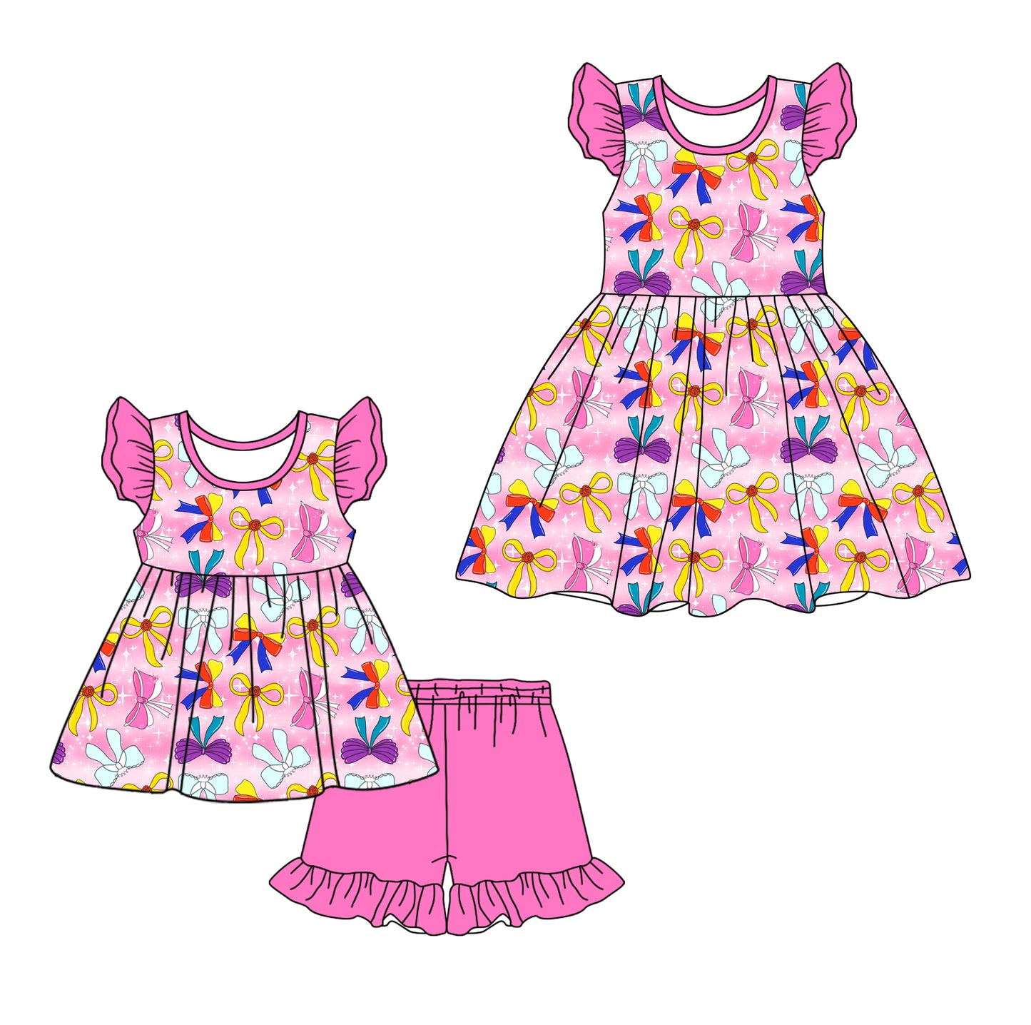 12.26 custom each style moq 5eta 4-6week Sibling Sister bow baby girl short sleeve shorts sets and dresses match design