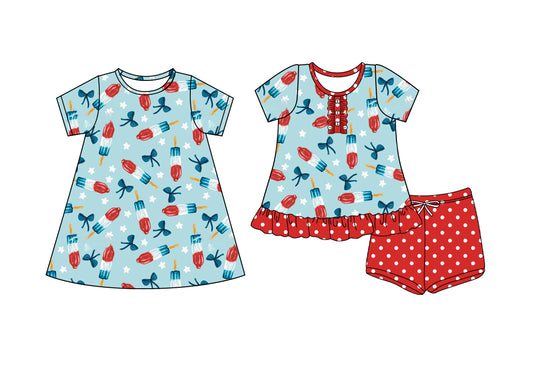 25.5.22 custom each style moq 5eta 4-6week Sibling Sister bow stars baby girl short sleeve shorts sets and dresses match design
