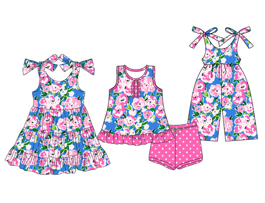 3.14 custom each style moq 5eta 4-6week Sibling Sister floral baby girl short sleeve shorts sets and dresses and jumpsuit match design