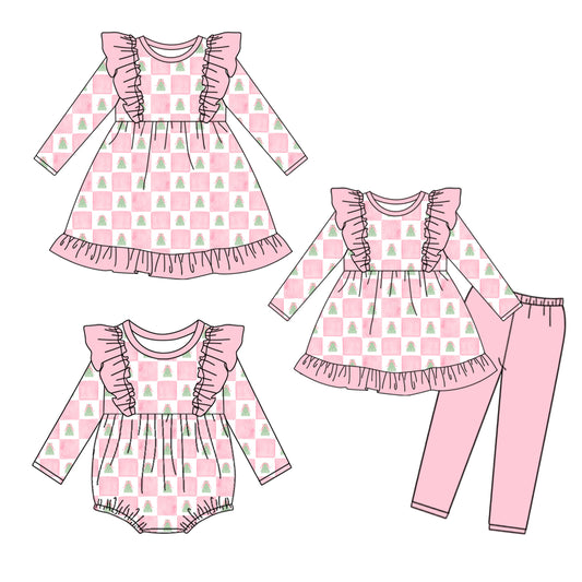 25.5.17 custom each style moq 5eta 4-6week Sibling Sisters Christmas trees pink baby girl long sleeve pants sets and dress and rompers match family design