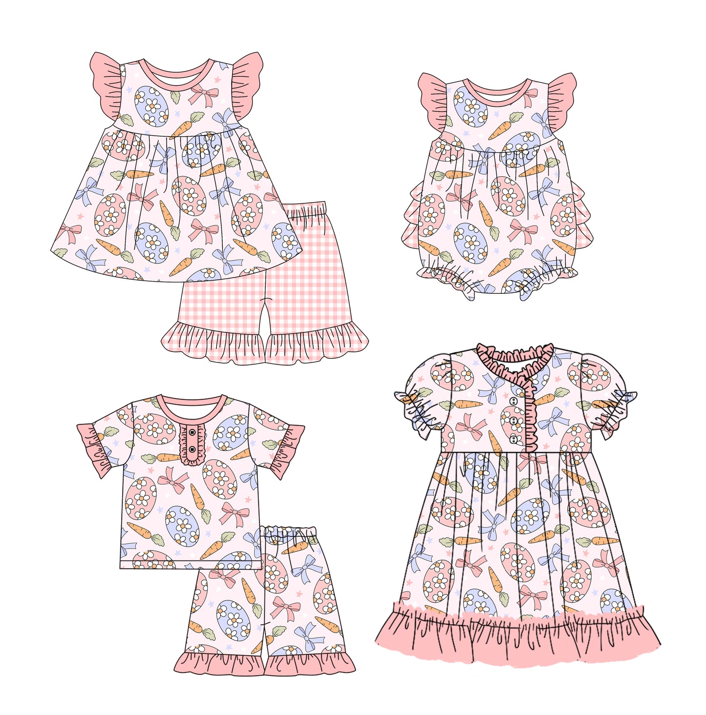 12.10 custom each style moq 5eta 4-6week Sibling Sister easter floral bow baby girl short sleeve shorts sets and sets 2 and girls romper and boy romper and dress match design