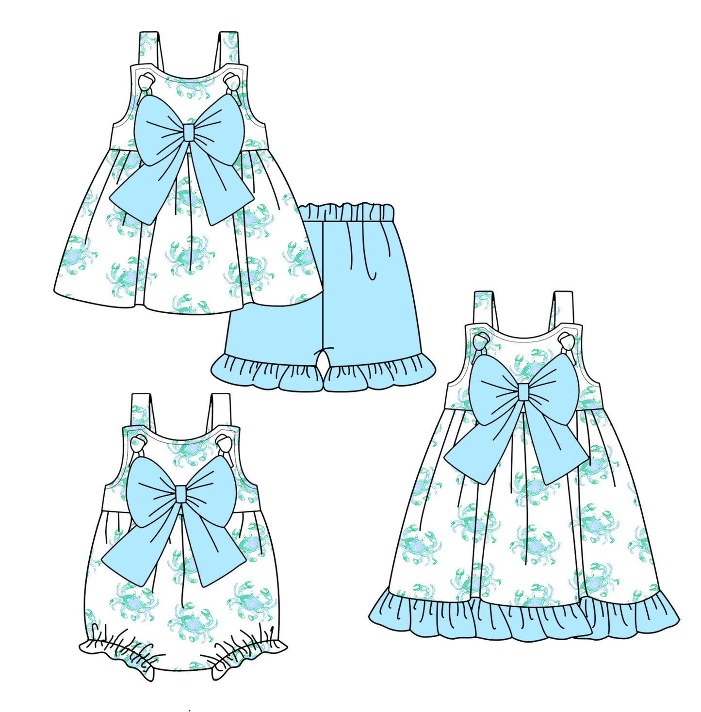 2.20 custom each style moq 5eta 4-6week Sibling Sisters crab baby girl short sleeve shorts sets and dress and rompers match family design
